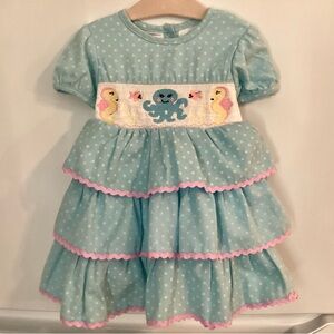Lil Cactus Smocked Seahorse/Octopus Blue Polka Dot Dress